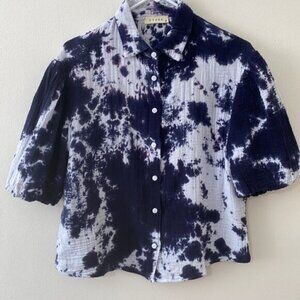 Stark X cotton gauze button down blue and white cropped XS short sleeve